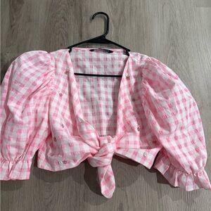 Zara Pink and White Puff Sleeve Crop Blouse